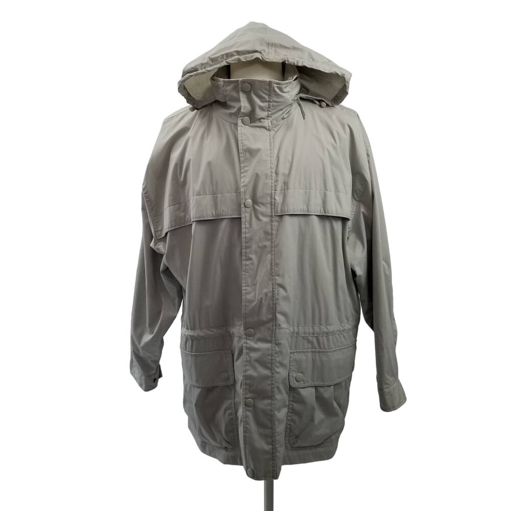 Totes Jacket Light Gray Many Pockets Self Storing Hood Adj Waist Like New! XL